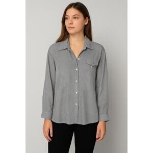 Vintage Tess Gray & Cream Striped 100% Silk Button-Up Blouse – Size L